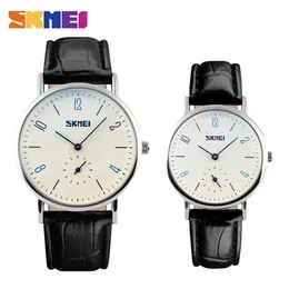 SKMEI-nummerskala män Kvinnor Par Enkel Kvarts Klockor Vattentät Svart Läder Lover Gift Handled Reloj Mujer 9120 210616