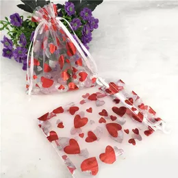 Red Heart Organza Workstring Torby hurtowe Candy Organizer Pakiet biżuterii 100pcs/działka 8x10 9x12 10x15 13x18cm Opakowanie torby różowe torebki Walentynki dzień Walentynki