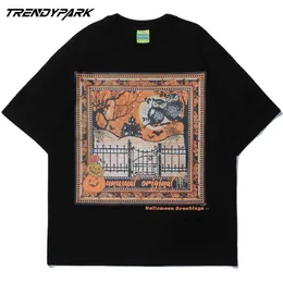 T-shirt herr Vintage Helloween tema målning Kortärmad Hip Hop Oversized Cotton Casual Harajuku Streetwear Top Tee Tshirts 210601