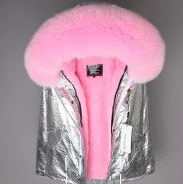 Manter aquecido acabamento de pele de raposa com capuz mukla furs feminino parkas forro de pele de coelho rosa mini jaquetas prateadas ykk casaco com zíper bolsos frontais com botões de pressão ocultos