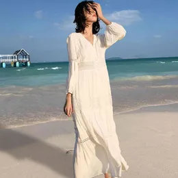 Jastie Retro Patchwork Lace Beach Maxi Dress V-Neck Z Długim Rękawem Bawełniane Wiosna Letnie Suknie Wakacje Boho Kobiet Vestidos 210419