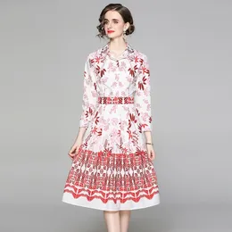 Spring Fashion Designer Runway Long Dres's Turn Down Neck Sleeve Floral Print Casual 210531