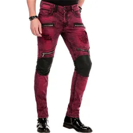 Mężczyźni Jeans Stretchy Skinny Fałszywe zamki Zniszczone Patchwork Gothic Style Moda Denim Spodnie Casual Streetwear Biker 211108