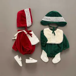 Baby sammet romper flicka långärmad bodysuit hatt barn boutique kläder spansk spanska jumpsuits födda rompers 210615