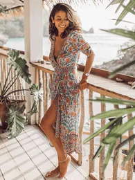 Jastie V-Neck Midi Wrap Dress Floral Print Boho Dresses Hippie Chic Tie Back Waist Women Dress Summer Casual Beach Dresses 210419