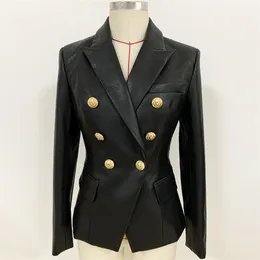 Est Fall Winter Designer Blazerジャケットの女性のライオンの金属ボタン二重抽選合成皮革オーバーコート211006