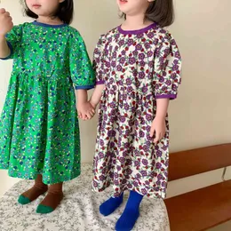 Fresh Toddler Girls Middle Calf Flowers Cotton Dress for Children Kids Lovely Summer Sundress Clothes 210529