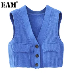 [EAM] Knitting Cardigan Blue Casual Sweter Luźne Fit V-Neck Bez Rękawów Kobiet Moda Wiosna Jesień 1DD7448 210512