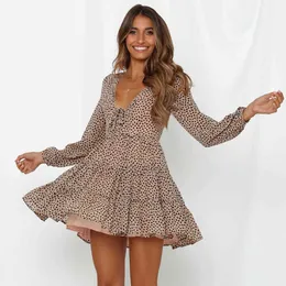 Jastie Vintage Leopard Dress Women Long Sleeve V-Neck Dresses Hippie Chic Boho Mini Dress Short Casual Beach Dresses Vestidos 210419