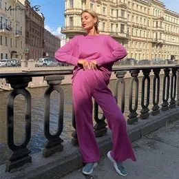 Mnealways18 Pink Sweatpants 2 Piece Womens Pullover Tracksuit Long Legs Pants Suit Sports Outfit Fall Female Sweatshirt Set 211109