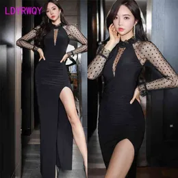 [LDYRWQY] Primavera Stile Coreano Temperamento Slim Lungo Cucitura Prospettiva Borsa Hip Split Dress Office Lady 210416