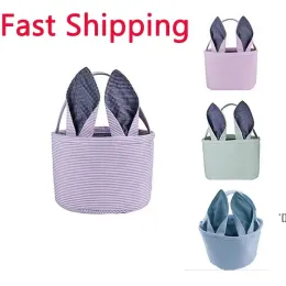 Bunny Ears Striped Bucket Favor Easter Rabbit Basket Seersucker Candy Bag Outdoor Portable Pouch CG001