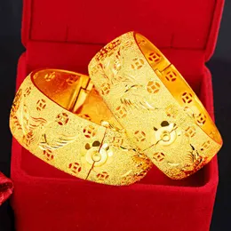 999 Yellow Gold Plated Dragon Phoenix Double Happiness Bracelet for Women Brass Bride Wedding Jewelry Bangles