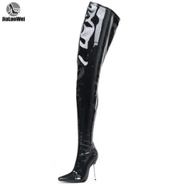 Kasık Çizmeler Uyluk Yüksek Seksi Fetiş Uzun Çizmeler Aşırı Yüksek Topuk Üstü-Diz Parlak Mat Patent PU Deri Kadın Çizmeler LJ200911
