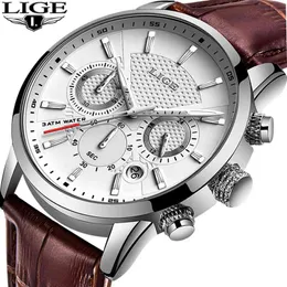 LIGE MENS Saatler Hediye Üst Lüks Marka Su Geçirmez Spor İzle Chronograph Kuvars Askeri Hakiki Deri Relogio Masculino 210407