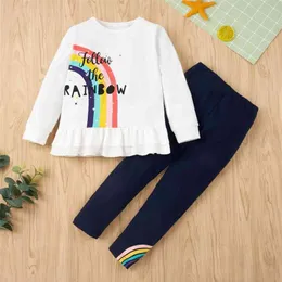 Ankomst Höst och Vinter Hem Använd 2-bitars Baby Toddler Girl Rainbow Letter Print Ruffle Top Solid Leggings Set 210528