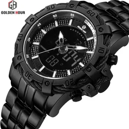 GOLDENHOUR Fashion Classic Men Quartz Watch Waterproof Stainless Steel Mens Watches Dual Display Wristwatch Relogio Masculino 210517