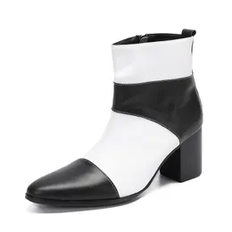 أسود أبيض المرقعة عالية الكعب الرجال الأحذية جلد طبيعي حزب اللباس الأحذية أزياء الذكور أحذية قصيرة