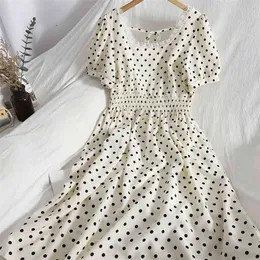 Summer Arrival Women Vintage Dot Bandage Square Collar Lace Medium Dress Ladies A-line High Waist Slim Dresses 210430