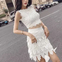 PERHAPS U Women White Lace Sleeveless Zipper Mini Skirt 2