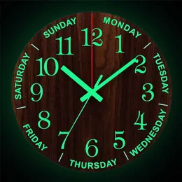 12-calowy Luminous Wall Clock Wood Silent Light W Dark Nordic Fashion Nordic Fashion Non tyking z Night Light 220115