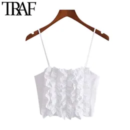 Women Sexy Fashion Ruffled Cropped Blouses Vintage Backless Thin Straps Female Shirts Blusas Chic Tops 210507