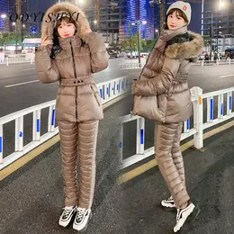 Kvinnors tvådelade byxor Parka Down Cotton Jacket Set Set Women Outdoor Clothing Warm Winter 2021 Womens Snow Coat with Belt 2-Piece Set QQ