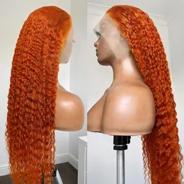 Djup Curly Orange Färg Human Hair Wig 180 Densitet Syntetisk Full Lace Front Paryk för svarta kvinnor