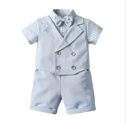 Tvådelade uppsättning för baby pojkar gentleman stil kläder sätter sommar pojke kortärmad plädskjorta med bowtie + shorts barn passar barn outfits