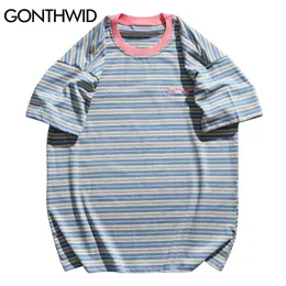 T-shirts Harajuku Casual Broderie Lettres Stripe Color Block Tees Chemises Mode Hip Hop Streetwear Tops 210602