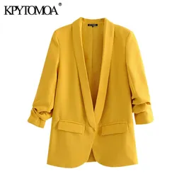 KPYTOMOA Women Fashion Office Wear Basic Blazers Coat Vintage Pläterade Långärmade Fickor Kvinnor Ytterkläder Eldstoppar 211006