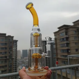 2021 New design 12 Inches Champagne Pecork Green Hookah Glass Bong Dabber Rig Recycler Pipes Water Bongs Smoke Pipe 14.4mm Female Joint with Quartz Banger