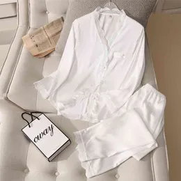 JULY'S SONG Stain Lace Woman Pajamas Set Pieces Spring Autumn Sleepwear Elegant Solid Color V-neck Ice Silk Homewear 210809