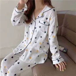 Casual Cotton Brief Pyjamas Kärlek Tryckt Två Piece Passar Stilig Sleepwear Women Femme Home Chic Loose Sets 210525
