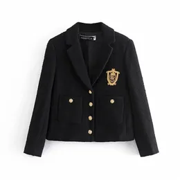 Fashion Vintage College Style Women Black Tweed Jacket Single-breasted Pocket Long Sleeve Female Uniform Coat Casaco Femme 210922