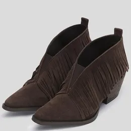 Botas de otoño de alta calidad con superficie de terciopelo para mujer, moda para mujer, punta cuadrada, tacón medio, tubo corto, banda elástica, borla