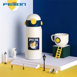 Feijian Kid's Thermos Presentförpackning, Straw Cup, 18/8 Rostfritt Stål Matkvalitet Silikon Material, 600 ml, håll kyla och 211109