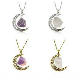 DIY Moon Shape Chain Necklaces Ancient Natural Original Stone Crystal Quartz Pendant For Women Men Jewelry