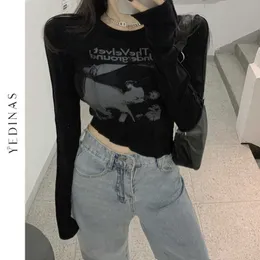 Yedinas Sexy Slim Long Sleeve Crop Top Grunge Letters Print Hypotenuse Design Asymmetrical Chic T Shirts Punk Style Streetwear 210527
