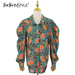 Casual Print Shirts For Women Lapel Puff Long Sleeve Straight Vintage Hit Color Blouses Female Spring Clothing 210524
