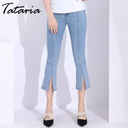 Tataria Hög midja Flare Jeans byxor Kvinnor Split Slim Calca Feminino Capris Ladies Denim Trousers Kvinna Jean Taille Haute 210514