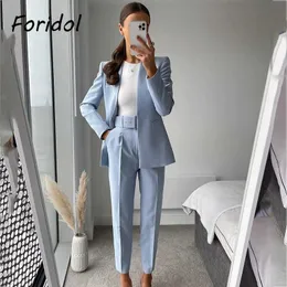 Foridol Gizli Düğme Blazer Pantolon Set Takım Elbise Yüksek Sokak Bayanlar Ofis Eşleşen İlkbahar Sonbahar Ceket 210930