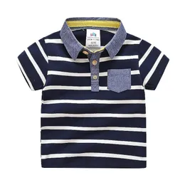 Casual 90cm 2 Years 18M 24M Baby Children Cotton Short Sleeve Turn-Down Collar Stripe Print Pocket Kids Teenage Boy T-Shirt 210701