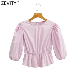 Kobiety Moda O Neck Różowy Kolor Elastyczna Talia Koszulka Lady Pleat Lantern Rękaw CHIC Roupas Bluzka Femininas Crop Topy LS9186 210416