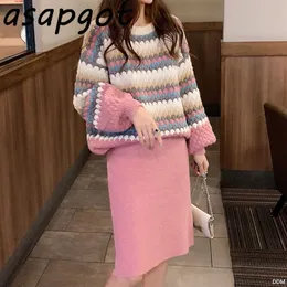 Asapgot Korea Chic Pullovers Knit O Neck Lantern Sleeve Sweaters Women Loose Lazy Sweet High Waist Straight Knitted Skirt Sets 210610