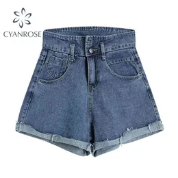 Womens High Waist Denim Shorts Pants Casual Washed Crop Blue Wide Leg Jeans Female Retro Summer Loose Pocket Clothes Mujer 210515