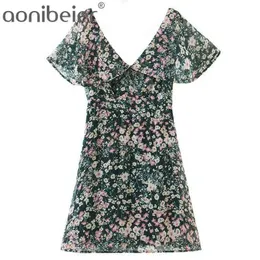 Prairie Chic Flowers Print Minikleid Sommer Kurzarm V-Ausschnitt Knopfleiste vorne Damen Süße hohe Taille mit Futter 210604