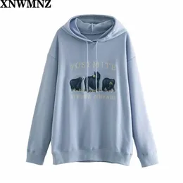 ZA Kadın Büyük Boy Hayvan Nakış Hoodies Sonbahar Moda Bayanlar Streetwear Gevşek Hoodies Kadın Şık Kazaklar Kızlar Chic 210510