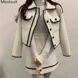 Koreanska Vintage Two Piece Skirt Suits Sätter Kvinnor Single-breasted Coat + A-Line Mini Outfits Elegant Ladies Matching Set 210513