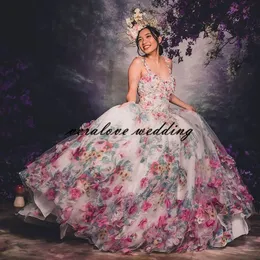 2021 Quinceanera Ball Gown Dresses 3 dフローラルフロースウィート16ドレス床の長さふくらんぱきパーティーガウンVestidos de 15Años